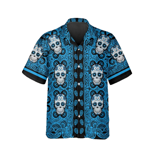 Sky Blue Pattern Color Skull Hawaiian Shirt, Hawaiian Button Up Shirt, Tropical Shirts For Men Moonbestprint