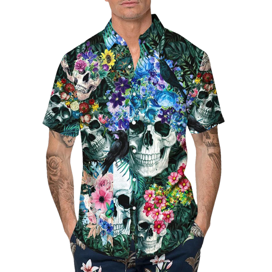 Summer Floral Skull Hawaiian Shirt, Hawaiian Button Up Shirt, Tropical Shirts For Men Moonbestprint