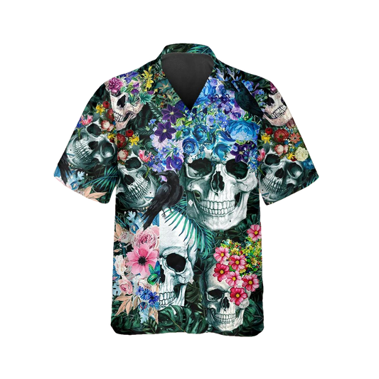 Summer Floral Skull Hawaiian Shirt, Hawaiian Button Up Shirt, Tropical Shirts For Men Moonbestprint