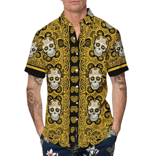 Yellow Pattern Color Skull Hawaiian Shirt, Hawaiian Button Up Shirt, Tropical Shirts For Men Moonbestprint