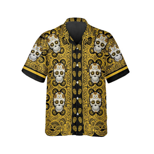 Yellow Pattern Color Skull Hawaiian Shirt, Hawaiian Button Up Shirt, Tropical Shirts For Men Moonbestprint