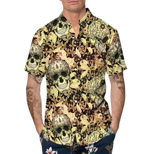 Yellow Plant Seamless Pattern Skull Hawaiian Shirt, Hawaiian Button Up Shirt, Tropical Shirts For Men Moonbestprint