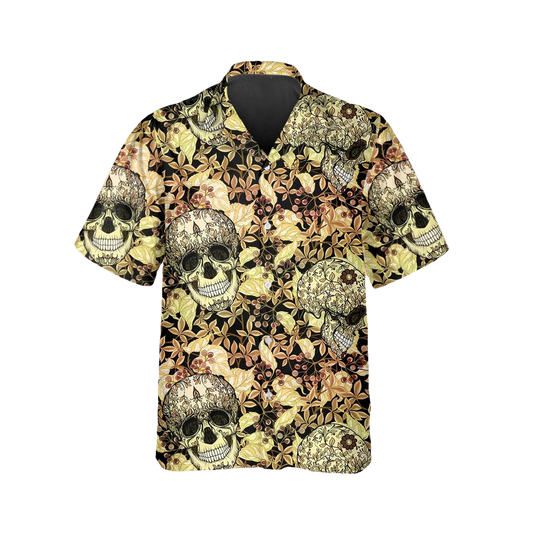 Yellow Plant Seamless Pattern Skull Hawaiian Shirt, Hawaiian Button Up Shirt, Tropical Shirts For Men Moonbestprint