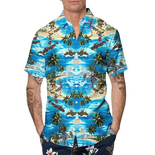Blue Beach With Coconut Skull Hawaiian Shirt, Hawaiian Button Up Shirt, Tropical Shirts For Men Moonbestprint