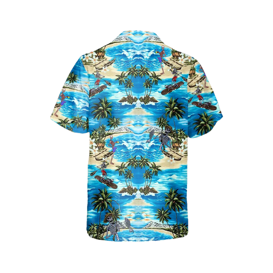 Blue Beach With Coconut Skull Hawaiian Shirt, Hawaiian Button Up Shirt, Tropical Shirts For Men Moonbestprint