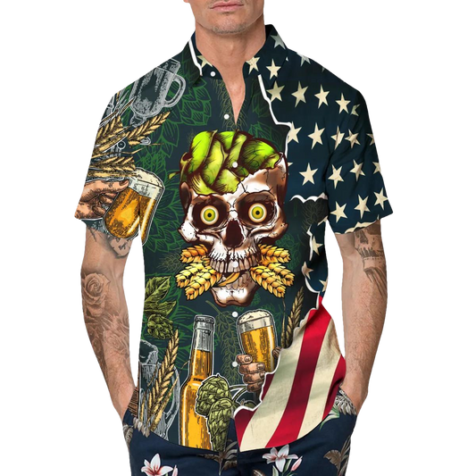 Beer Skull US Flag Hawaiian Shirt, Hawaiian Button Up Shirt, Tropical Shirts For Men Moonbestprint