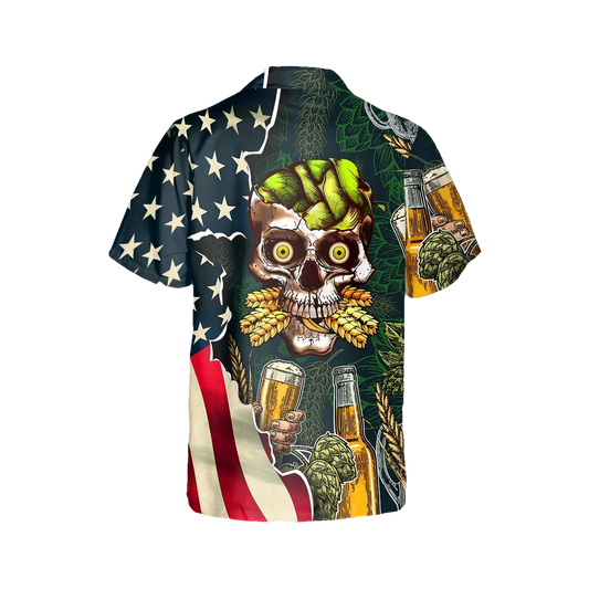 Beer Skull US Flag Hawaiian Shirt, Hawaiian Button Up Shirt, Tropical Shirts For Men Moonbestprint