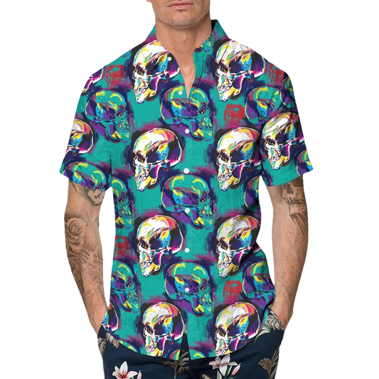 Blue Blurry Skull Art Hawaiian Shirt, Hawaiian Button Up Shirt, Tropical Shirts For Men Moonbestprint