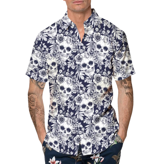 Blue Floral Skull Hawaiian Shirt, Hawaiian Button Up Shirt, Tropical Shirts For Men Moonbestprint
