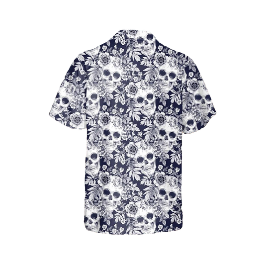 Blue Floral Skull Hawaiian Shirt, Hawaiian Button Up Shirt, Tropical Shirts For Men Moonbestprint