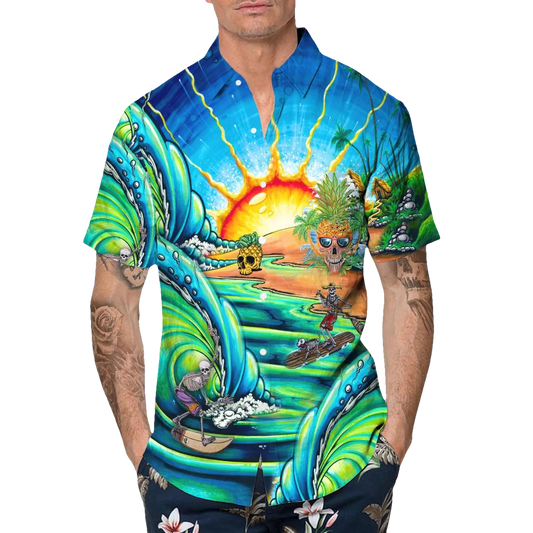 Blue Skull Tidal Wave Hawaiian Shirt, Hawaiian Button Up Shirt, Tropical Shirts For Men Moonbestprint
