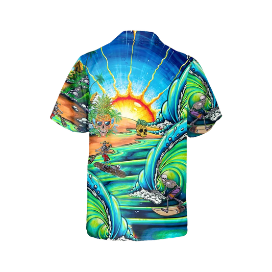 Blue Skull Tidal Wave Hawaiian Shirt, Hawaiian Button Up Shirt, Tropical Shirts For Men Moonbestprint