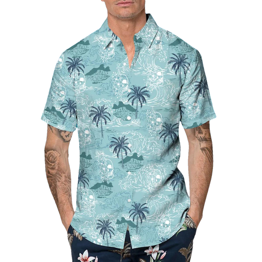 Blue Tropical Skull With Coconut Tree Hawaiian Shirt, Hawaiian Button Up Shirt, Tropical Shirts For Men Moonbestprint