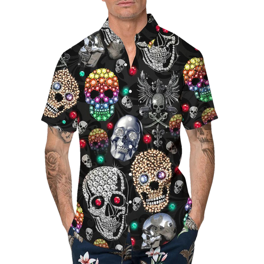 Colorful Diamond Skull Hawaiian Shirt, Hawaiian Button Up Shirt, Tropical Shirts For Men Moonbestprint