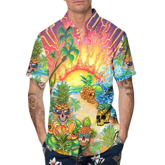 Colorful Pineapple Skull Hawaiian Shirt, Hawaiian Button Up Shirt, Tropical Shirts For Men Moonbestprint