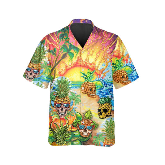 Colorful Pineapple Skull Hawaiian Shirt, Hawaiian Button Up Shirt, Tropical Shirts For Men Moonbestprint