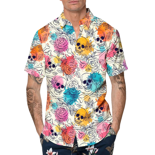 Colorful Roses Crossbones Skull Hawaiian Shirt, Hawaiian Button Up Shirt, Tropical Shirts For Men Moonbestprint