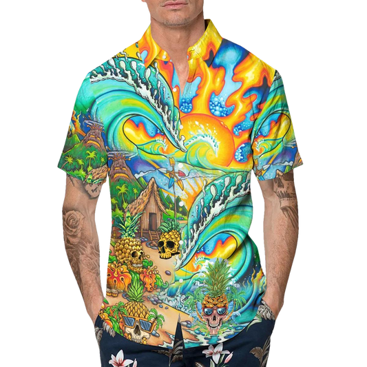 Colorful Skull Village Hawaiian Shirt, Hawaiian Button Up Shirt, Tropical Shirts For Men Moonbestprint