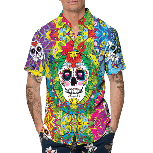 Colorful Sugar Skull Hawaiian Shirt, Hawaiian Button Up Shirt, Tropical Shirts For Men Moonbestprint