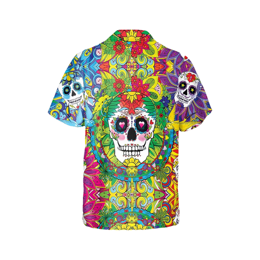 Colorful Sugar Skull Hawaiian Shirt, Hawaiian Button Up Shirt, Tropical Shirts For Men Moonbestprint