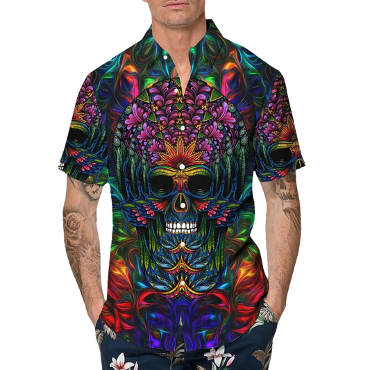 Colorful Skull Art Hawaiian Shirt, Hawaiian Button Up Shirt, Tropical Shirts For Men Moonbestprint
