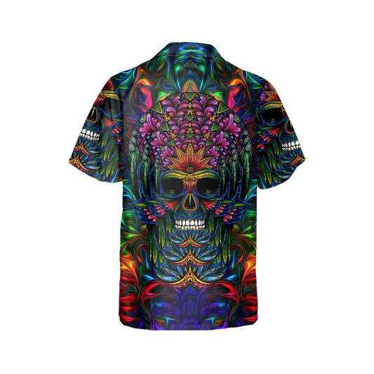 Colorful Skull Art Hawaiian Shirt, Hawaiian Button Up Shirt, Tropical Shirts For Men Moonbestprint