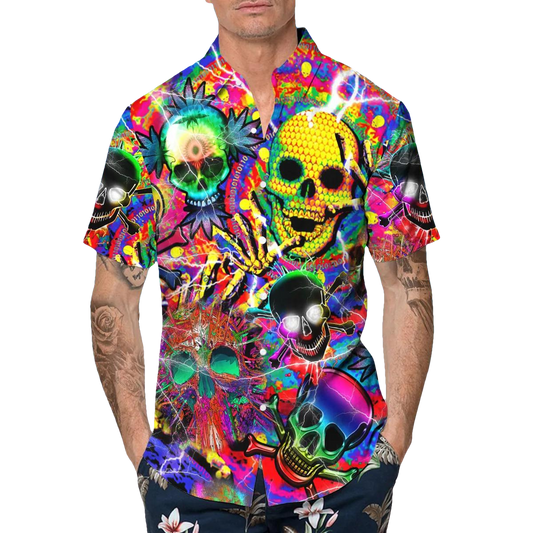 Crazy Neon Skull Hawaiian Shirt, Hawaiian Button Up Shirt, Tropical Shirts For Men Moonbestprint