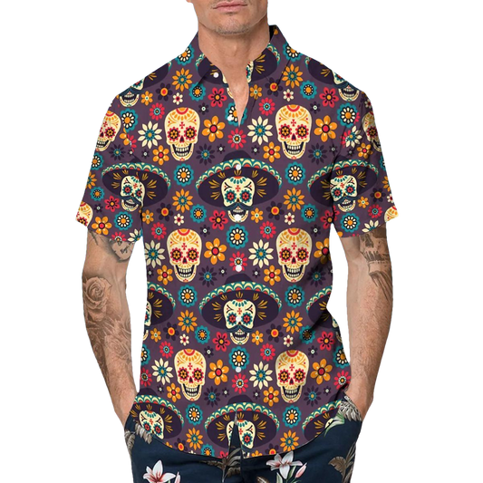 Day Of The Dead Pattern Skull Hawaiian Shirt, Hawaiian Button Up Shirt, Tropical Shirts For Men Moonbestprint