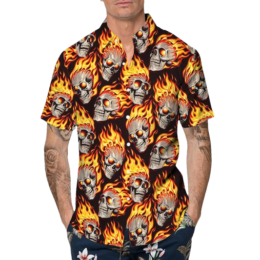 Flaming Skull Pile Hawaiian Shirt, Hawaiian Button Up Shirt, Tropical Shirts For Men Moonbestprint
