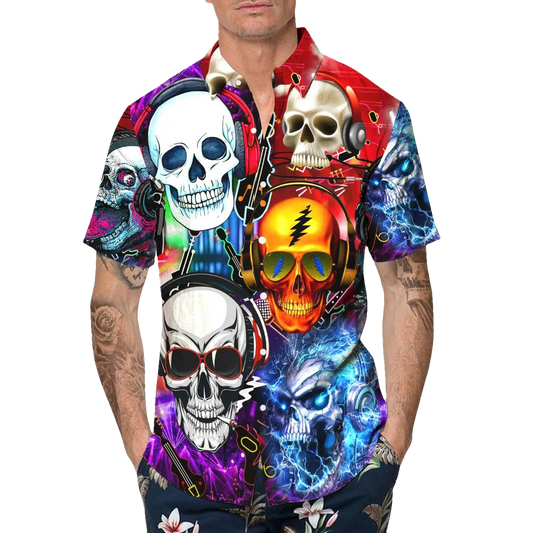 Fancy Skull Rock Music Hawaiian Shirt, Hawaiian Button Up Shirt, Tropical Shirts For Men Moonbestprint