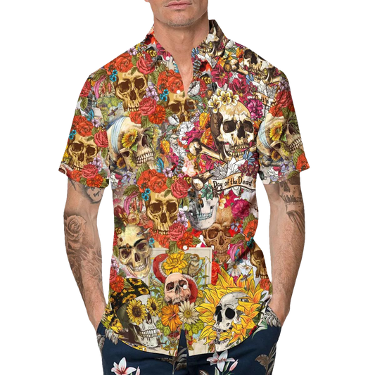 Floral Skull Day of the Dead Hawaiian Shirt, Hawaiian Button Up Shirt, Tropical Shirts For Men Moonbestprint