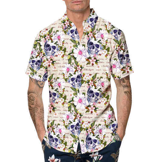Floral Skull Vintage Hawaiian Shirt, Hawaiian Button Up Shirt, Tropical Shirts For Men Moonbestprint