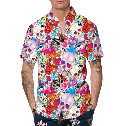Floral Skull With Butterfly Hawaiian Shirt, Hawaiian Button Up Shirt, Tropical Shirts For Men Moonbestprint
