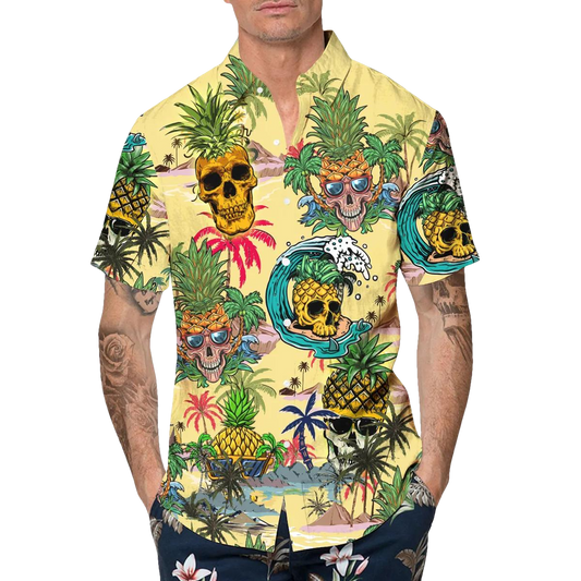 Funny Pineapple Skull Hawaiian Shirt, Hawaiian Button Up Shirt, Tropical Shirts For Men Moonbestprint