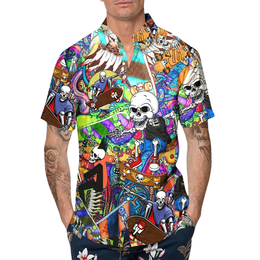 Funny Skateboard Skull Hawaiian Shirt, Hawaiian Button Up Shirt, Tropical Shirts For Men Moonbestprint