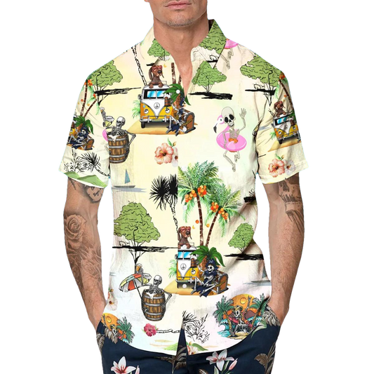 Funny Skull Beach Dancing Hawaiian Shirt, Hawaiian Button Up Shirt, Tropical Shirts For Men Moonbestprint