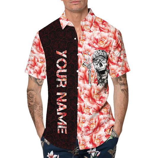 Funny Roses Skull Personalized Hawaiian Shirt, Hawaiian Button Up Shirt, Tropical Shirts For Men Moonbestprint
