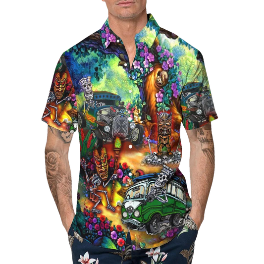 Funny Skull On Camper Hawaiian Shirt, Hawaiian Button Up Shirt, Tropical Shirts For Men Moonbestprint