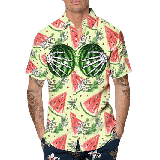Funny Watermelon Skull Hawaiian Shirt, Hawaiian Button Up Shirt, Tropical Shirts For Men Moonbestprint