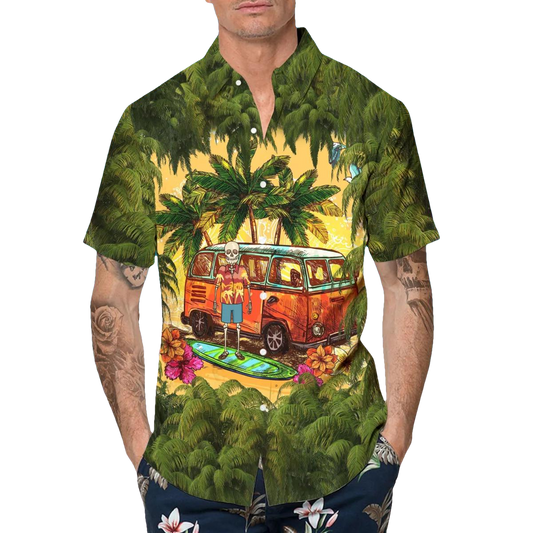 Green Beach And Skull Camper Hawaiian Shirt, Hawaiian Button Up Shirt, Tropical Shirts For Men Moonbestprint