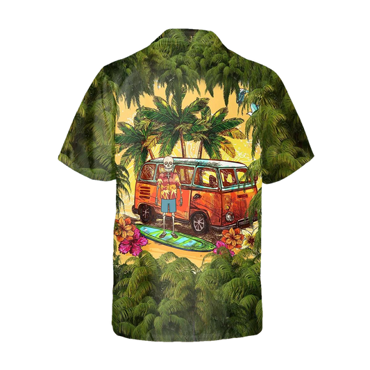 Green Beach And Skull Camper Hawaiian Shirt, Hawaiian Button Up Shirt, Tropical Shirts For Men Moonbestprint