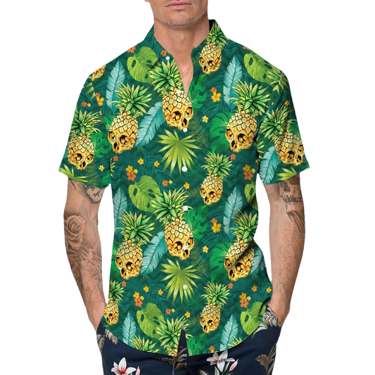 Green Pineapple Skull Tropical Hawaiian Shirt, Hawaiian Button Up Shirt, Tropical Shirts For Men Moonbestprint