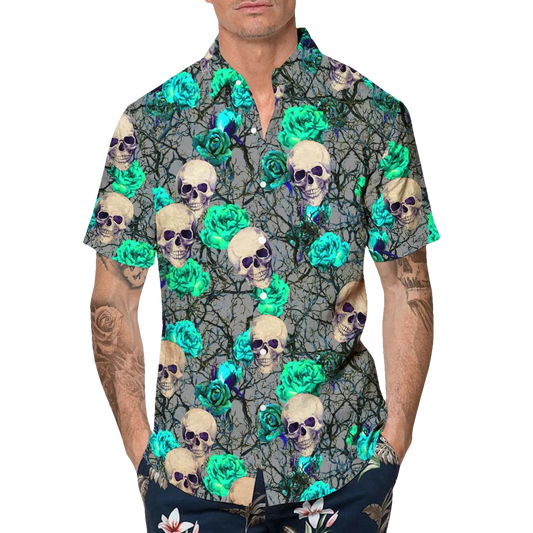 Green Roses Skull Hawaiian Shirt, Hawaiian Button Up Shirt, Tropical Shirts For Men Moonbestprint