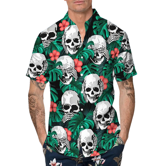 Hear No Evil See No Evil Speak No Evil Mexican Skull Hawaiian Shirt, Hawaiian Button Up Shirt, Tropical Shirts For Men Moonbestprint