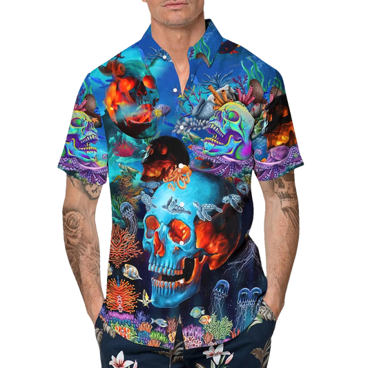Marine Vibe Skull Art Hawaiian Shirt, Hawaiian Button Up Shirt, Tropical Shirts For Men Moonbestprint