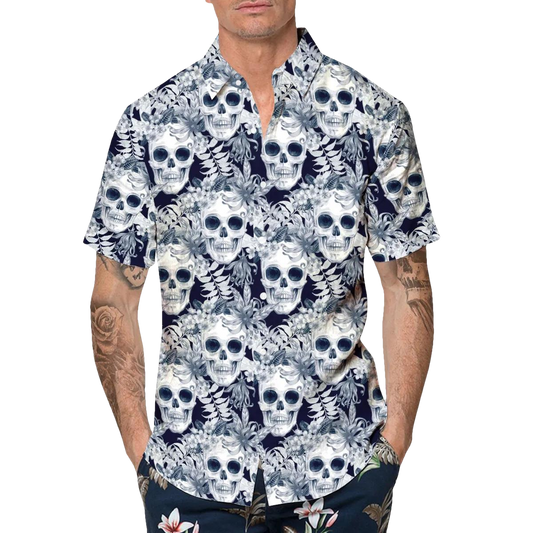 Ocean Vibe Floral Skull Hawaiian Shirt, Hawaiian Button Up Shirt, Tropical Shirts For Men Moonbestprint