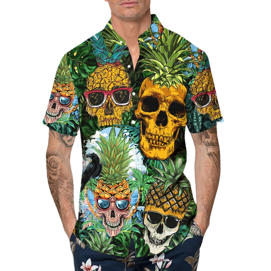 Pineapple Funny Skull Hawaiian Shirt, Hawaiian Button Up Shirt, Tropical Shirts For Men Moonbestprint