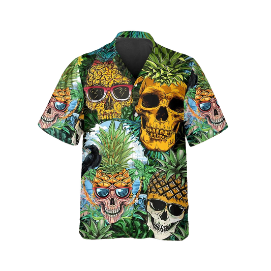 Pineapple Funny Skull Hawaiian Shirt, Hawaiian Button Up Shirt, Tropical Shirts For Men Moonbestprint
