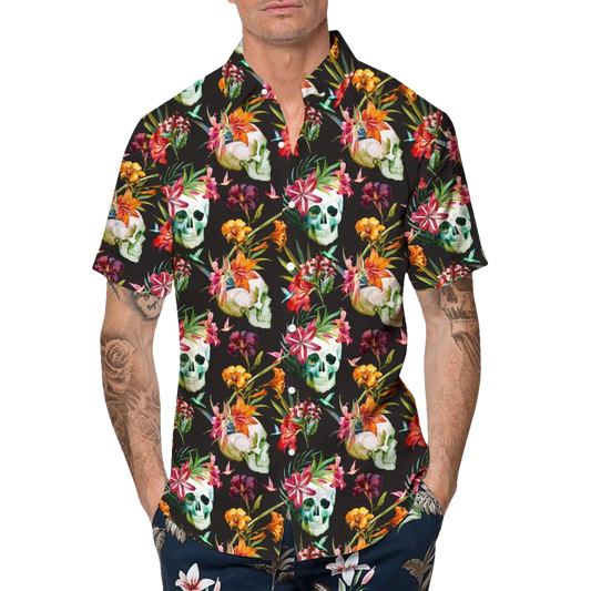 Orange Floral Skull Hawaiian Shirt, Hawaiian Button Up Shirt, Tropical Shirts For Men Moonbestprint
