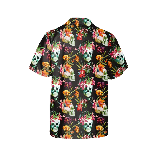 Orange Floral Skull Hawaiian Shirt, Hawaiian Button Up Shirt, Tropical Shirts For Men Moonbestprint
